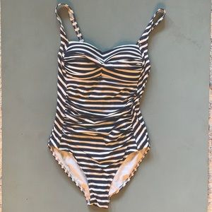 Navy and white striped one piece bathing suit